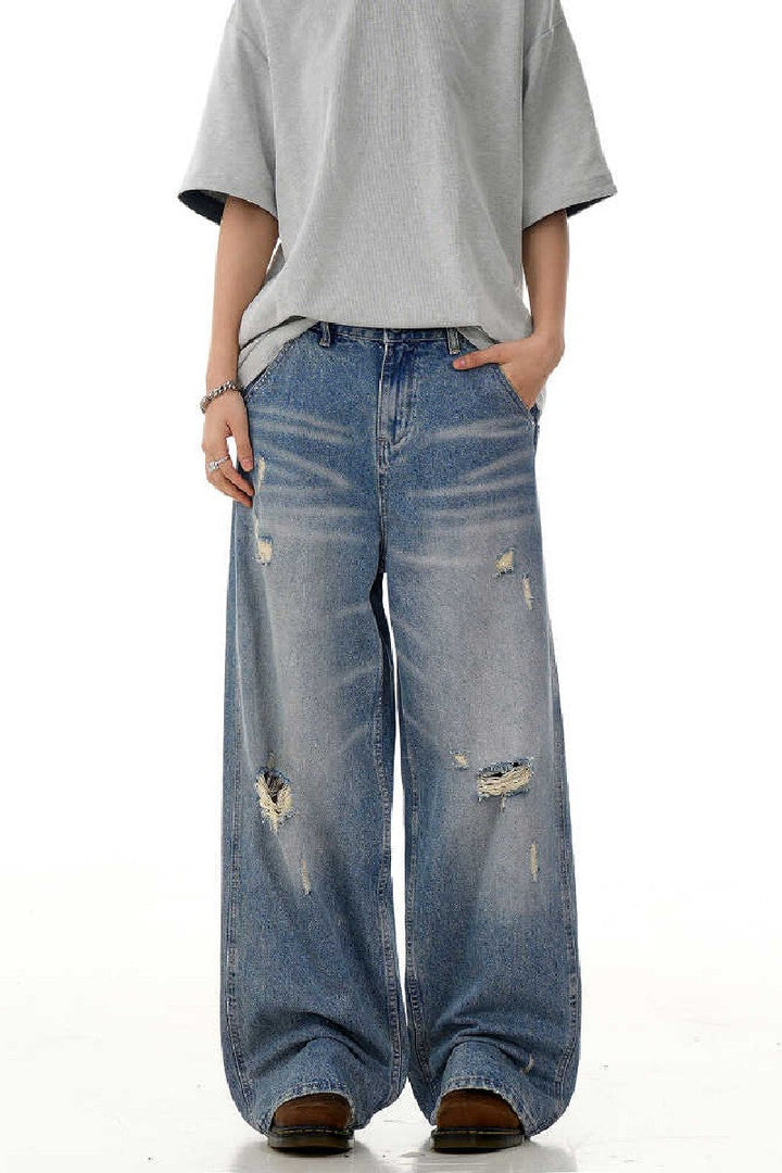 Distressed Whiskered Straight Jeans