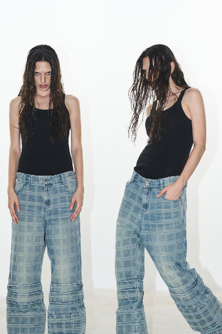 Distressed Plaid Patchwork Flared Jeans