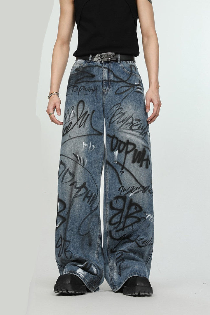 Graffiti Print Loose Jeans