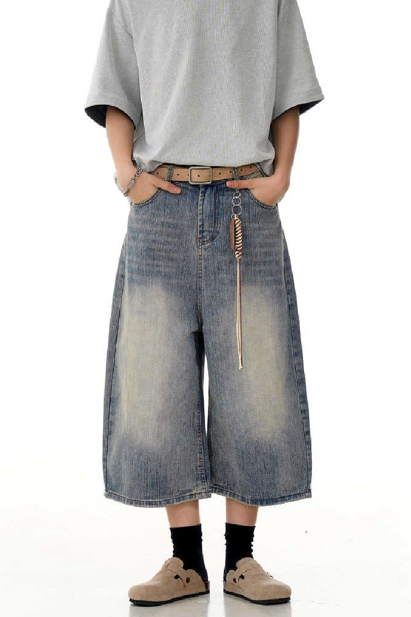Blue Textured Cropped Jeans
