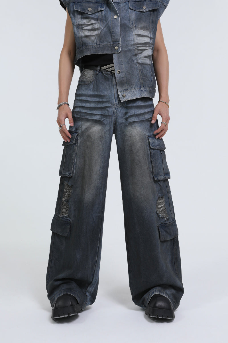 Distressed Multi-Pocket Cargo Jeans