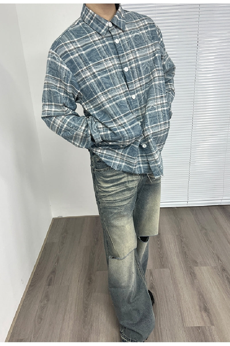 Washed Plaid Distressed Long Sleeve Shirt