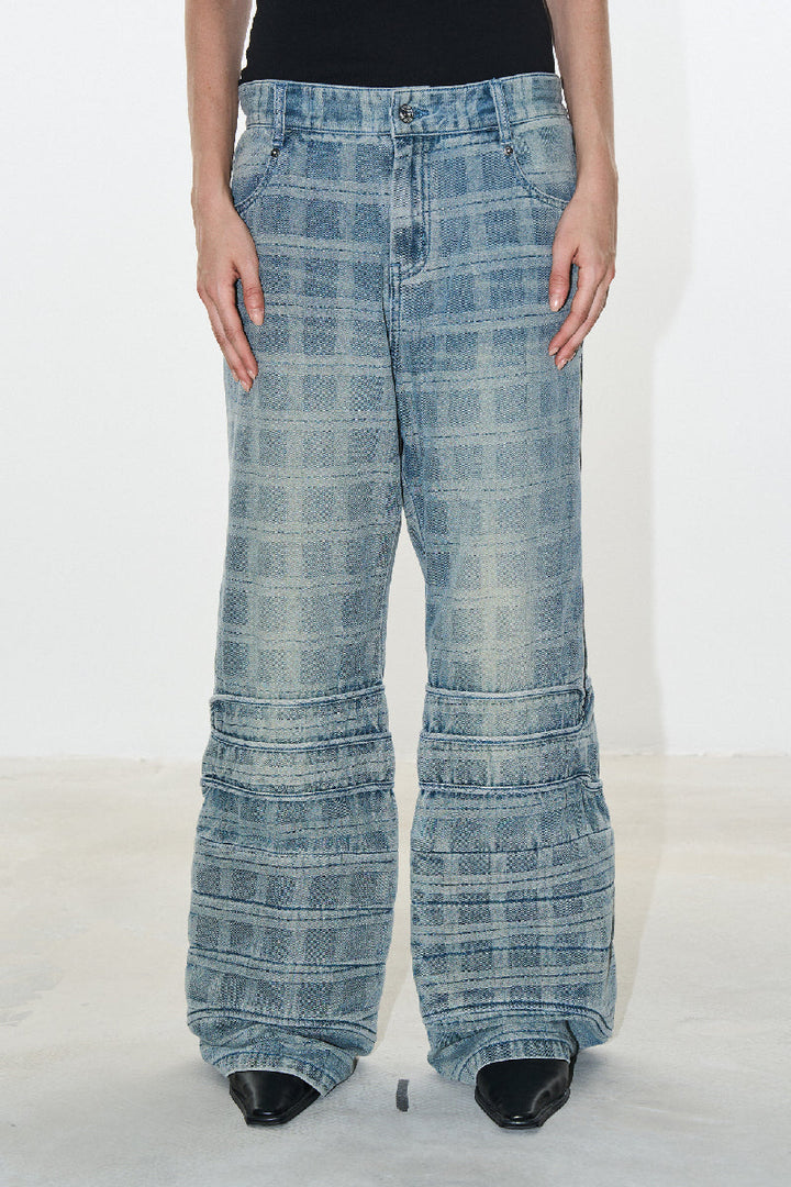 Distressed Plaid Patchwork Flared Jeans