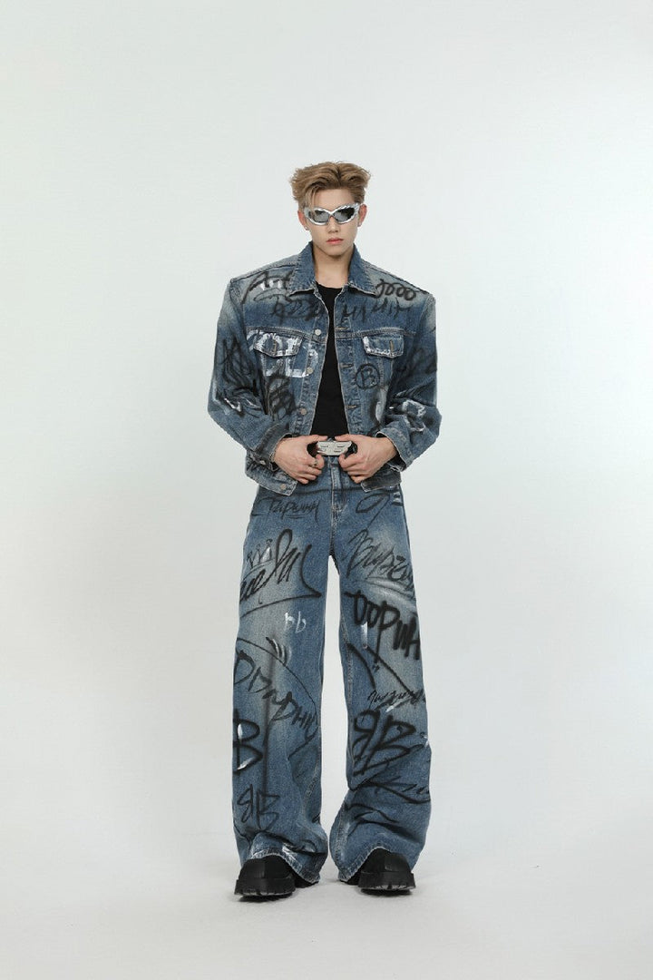 Graffiti Print Denim Jacket