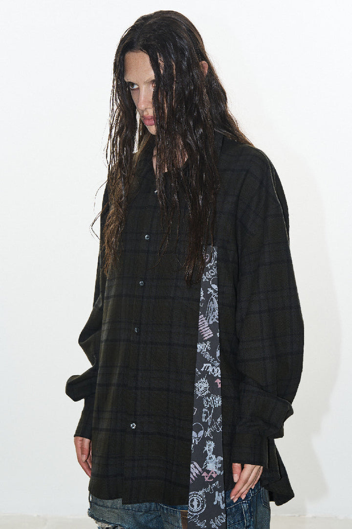 Detachable Graffiti Tie Plaid Shirt