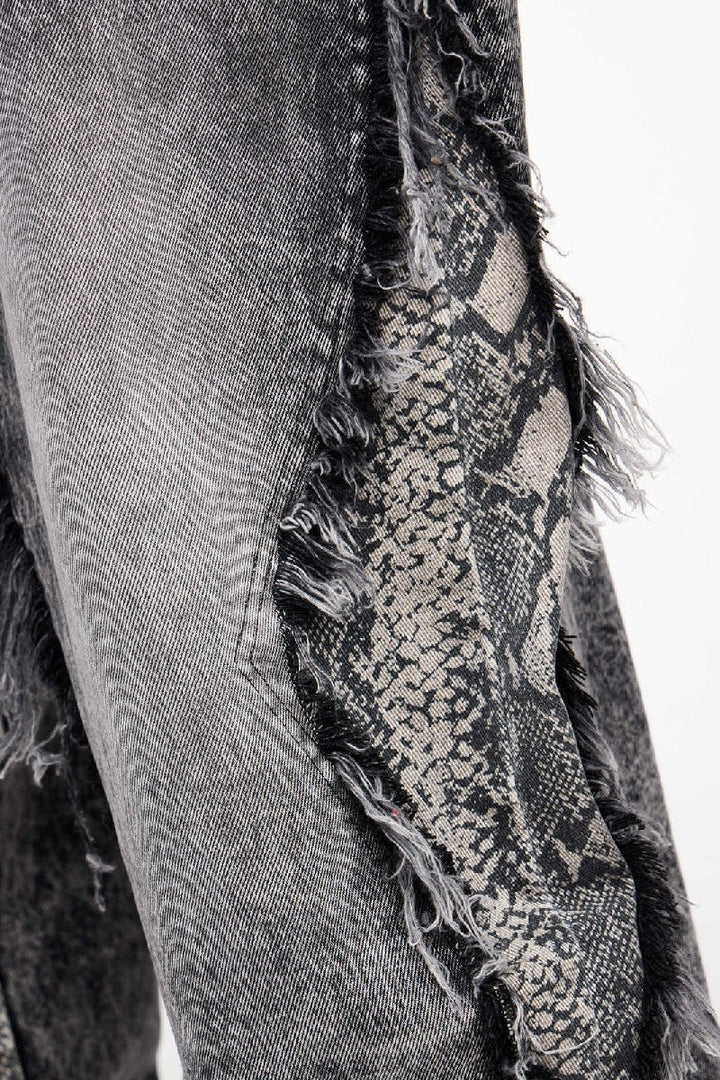 Frayed Snakeskin Patchwork Jeans