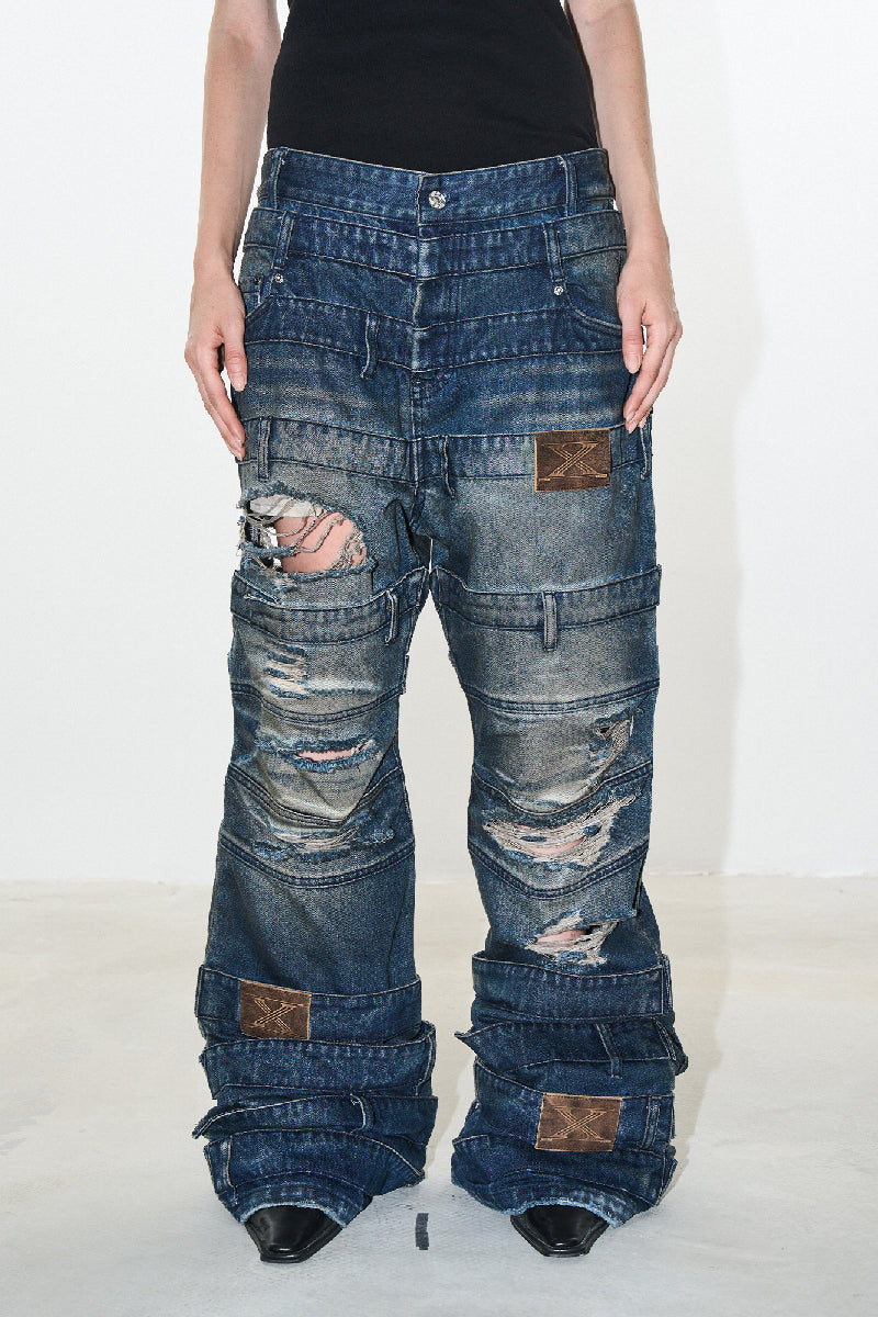 Multi-Waistband Distressed Flared Mud-Dye Jeans