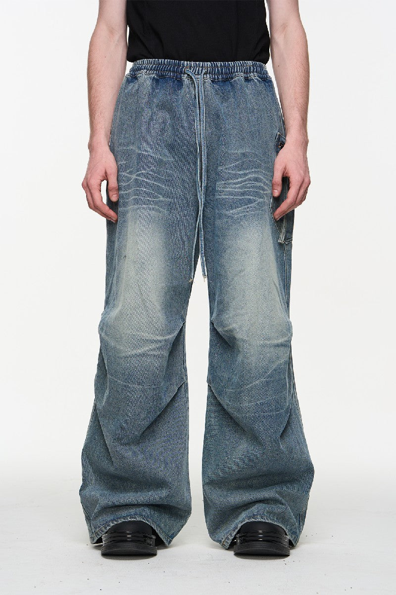 Washed Pleated Elastic Waist Jeans