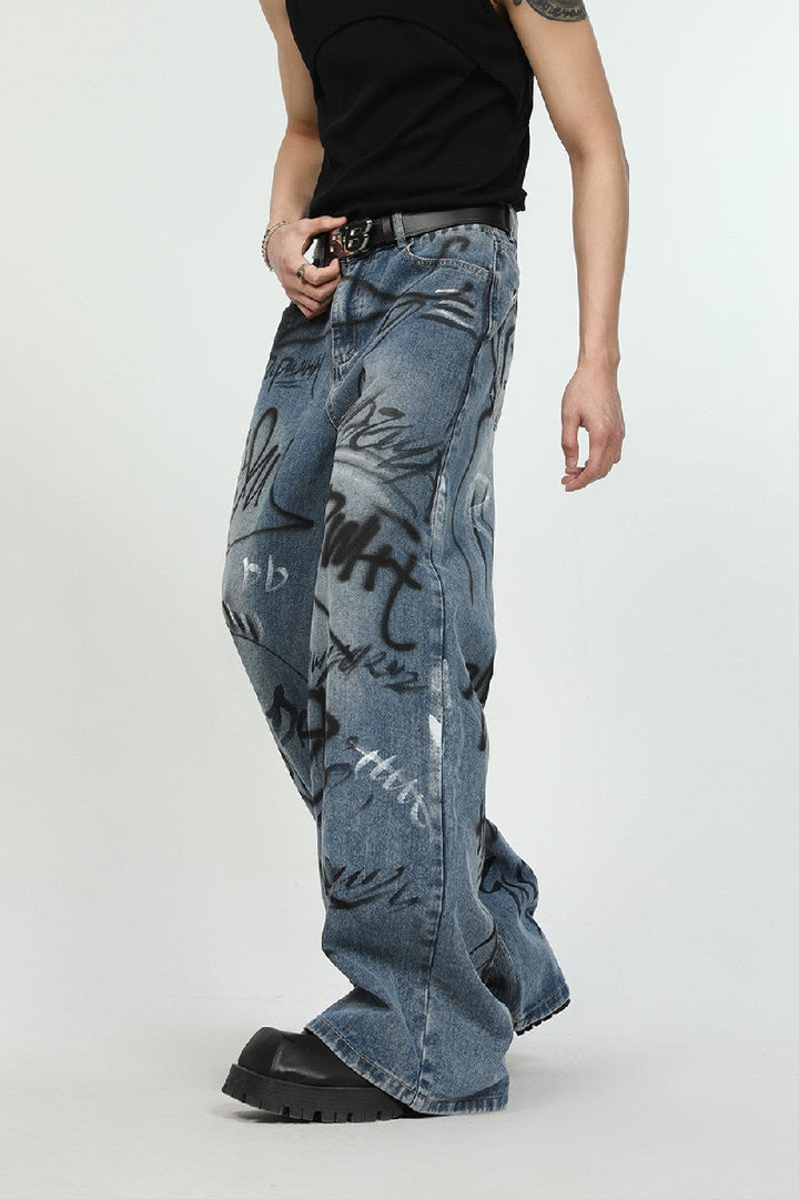 Graffiti Print Loose Jeans