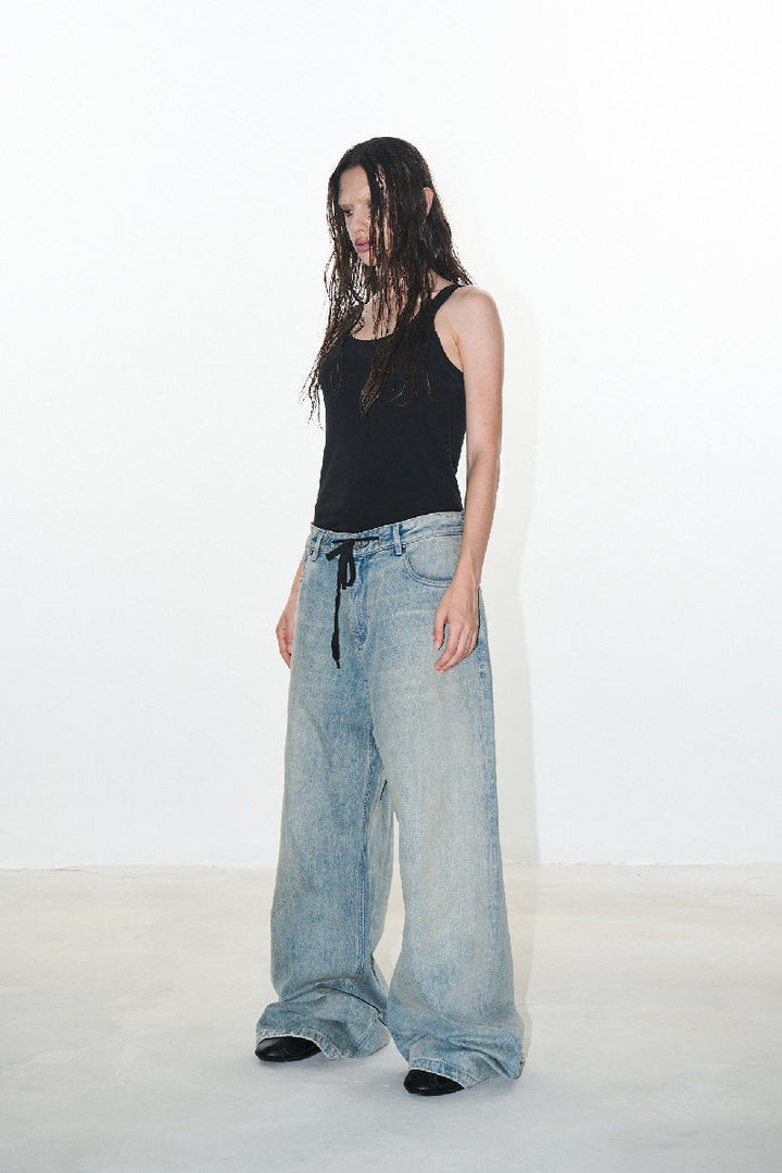 Baggy Drawstring Washed Jeans