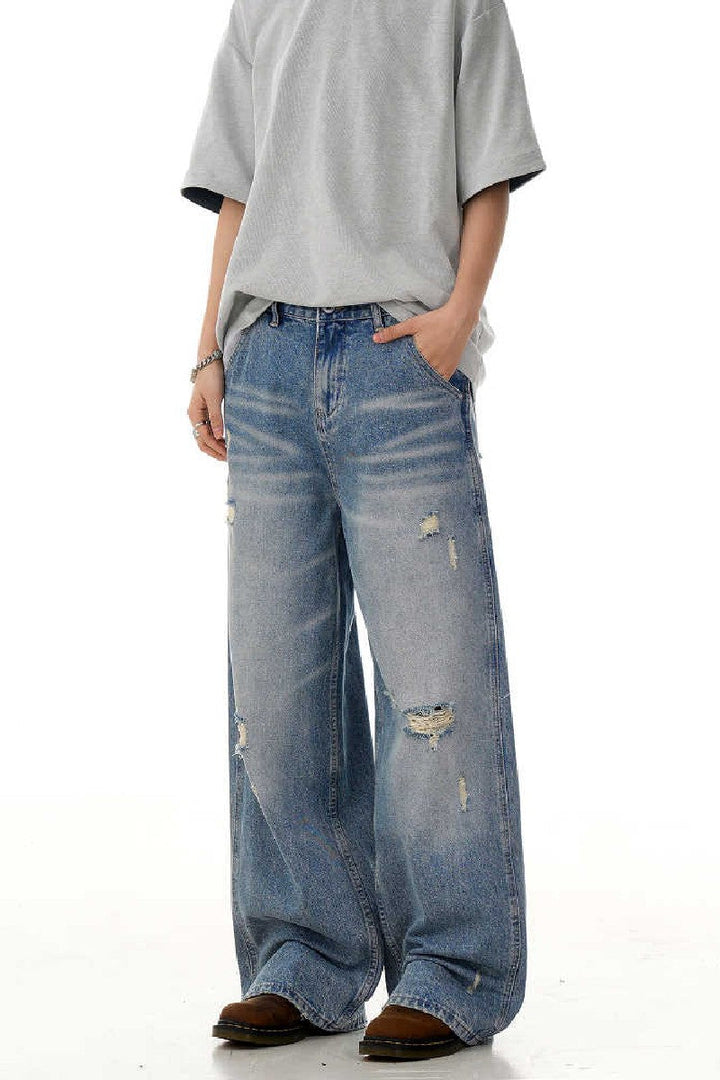 Distressed Whiskered Straight Jeans