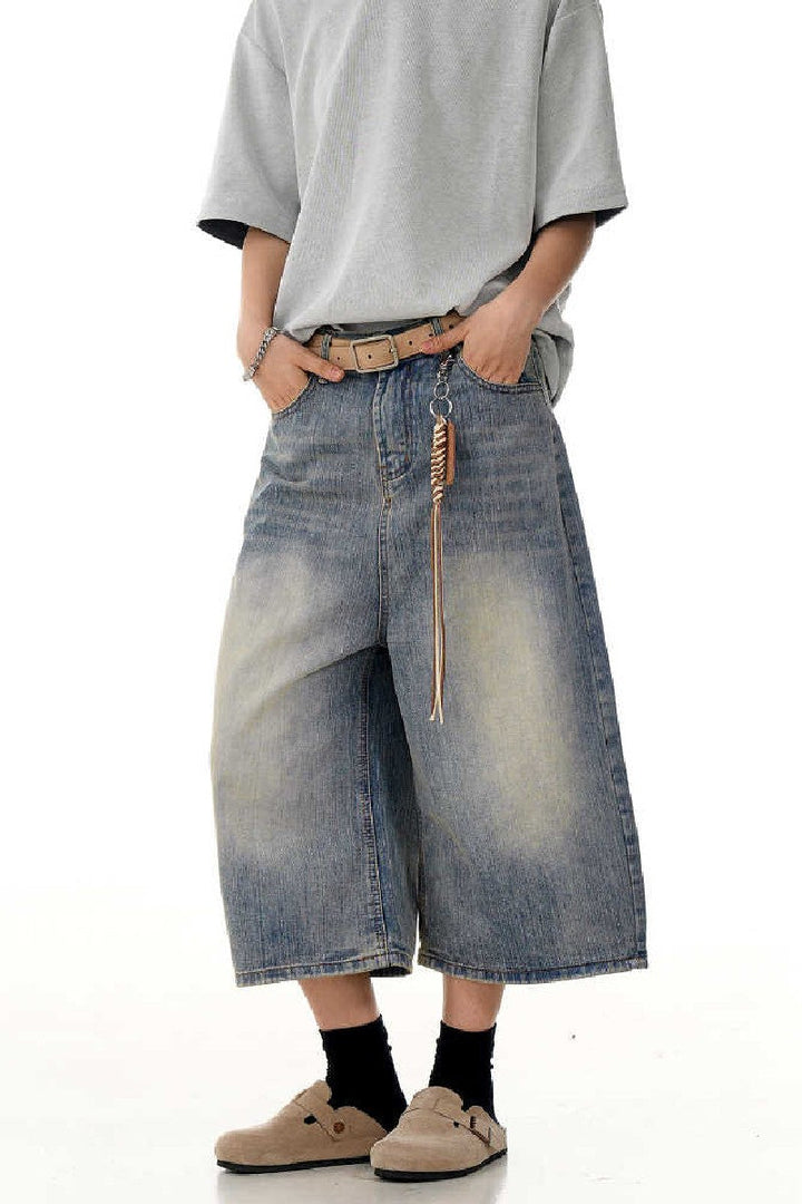 Blue Textured Cropped Jeans