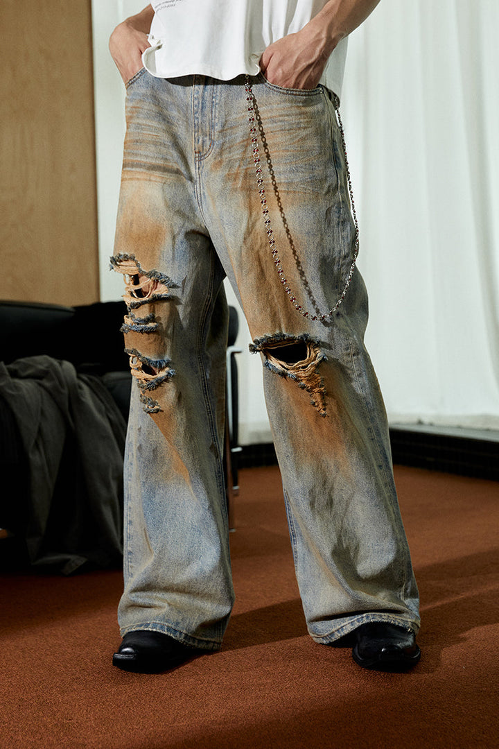 Mud-Dyed Distressed Washed Jeans