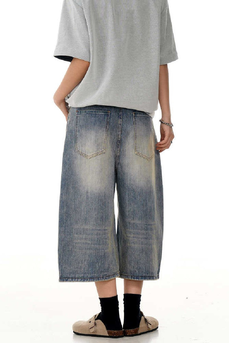 Blue Textured Cropped Jeans