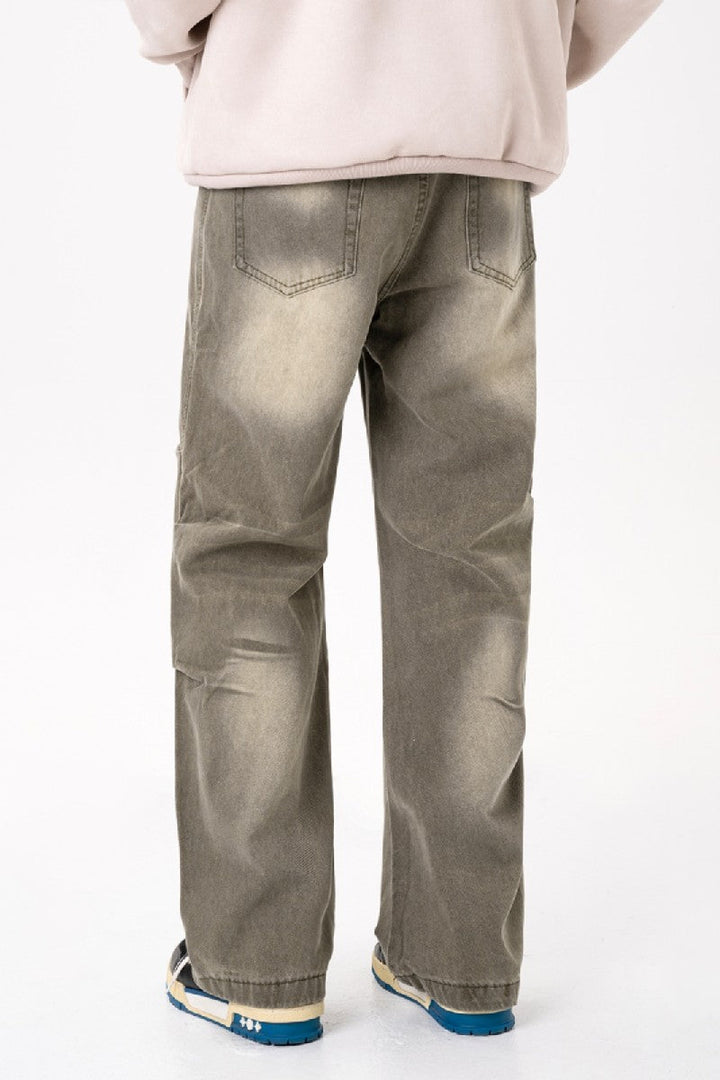 Washed Distressed Pleated Jeans