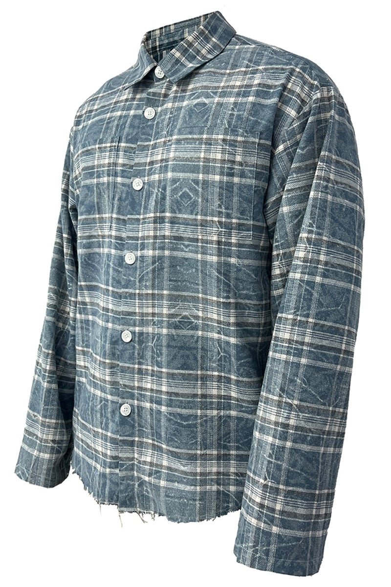 Washed Plaid Distressed Long Sleeve Shirt