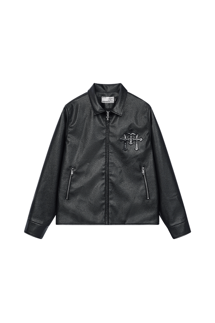 Metal Cross Logo Textured Leather Jacket