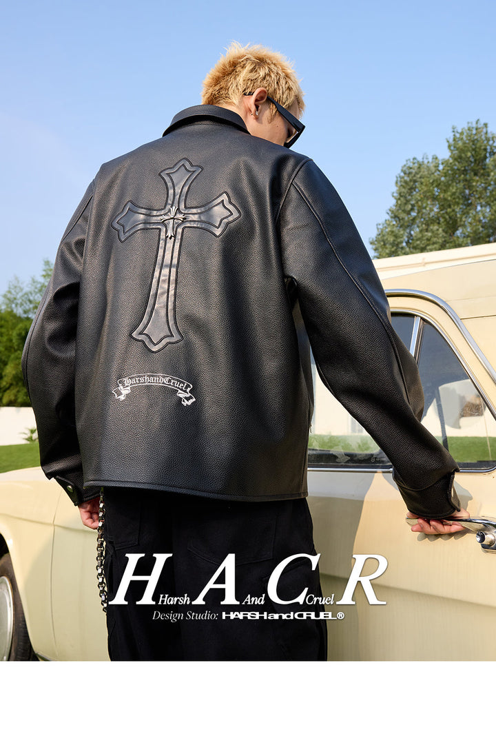 Metal Cross Logo Textured Leather Jacket