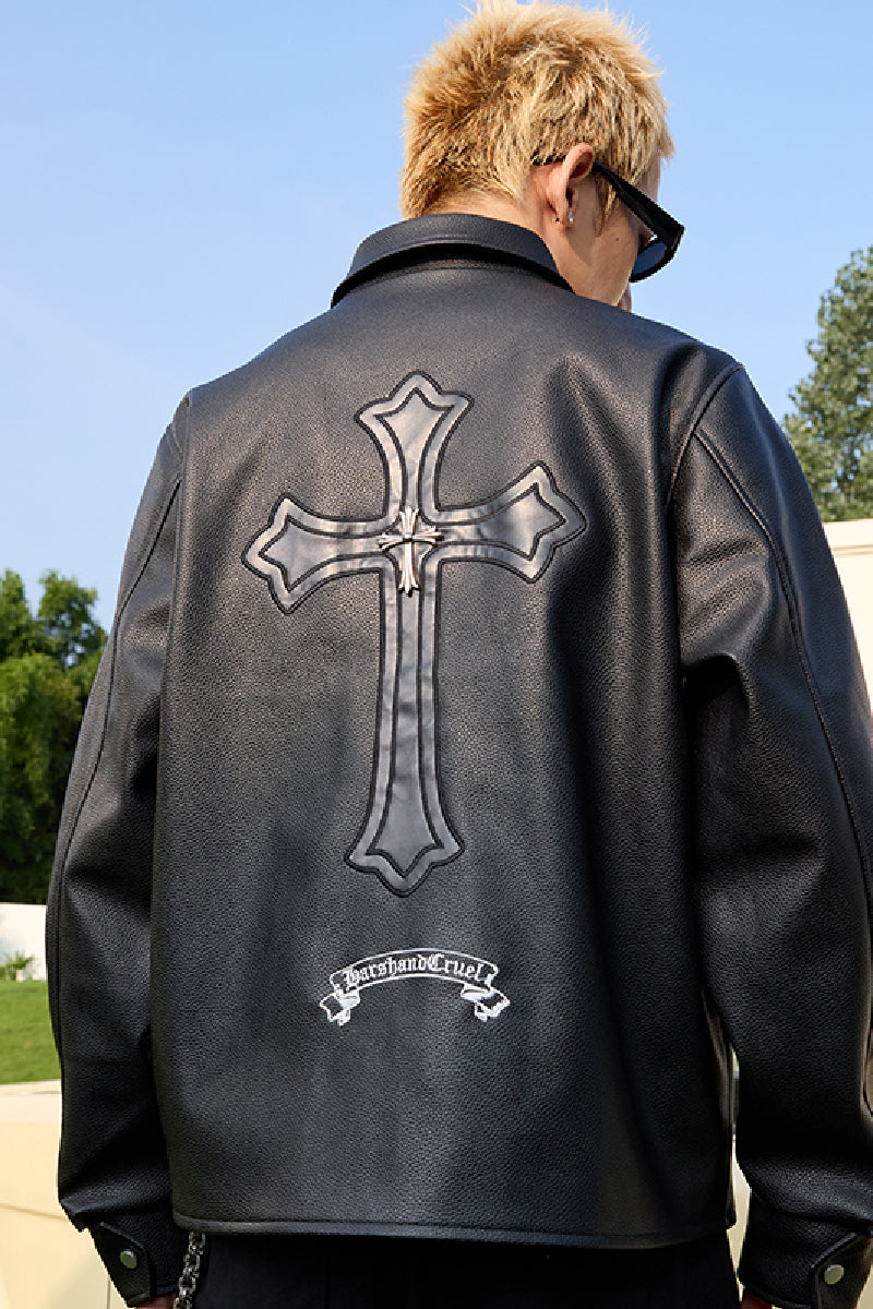 Metal Cross Logo Textured Leather Jacket