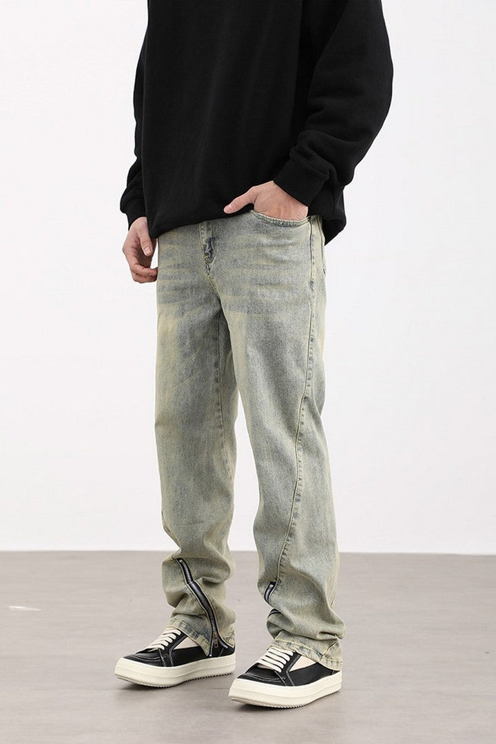 Zip Washed Loose Jeans