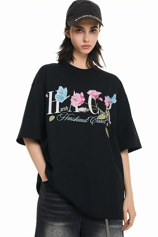 Butterfly Rose Embroidered Logo Tee