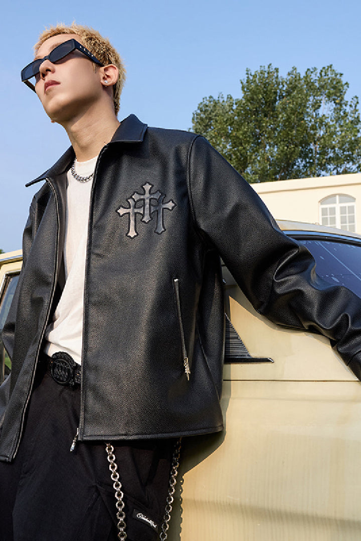 Metal Cross Logo Textured Leather Jacket