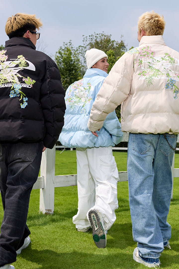 Floral Logo Embroidered Puffer Jacket