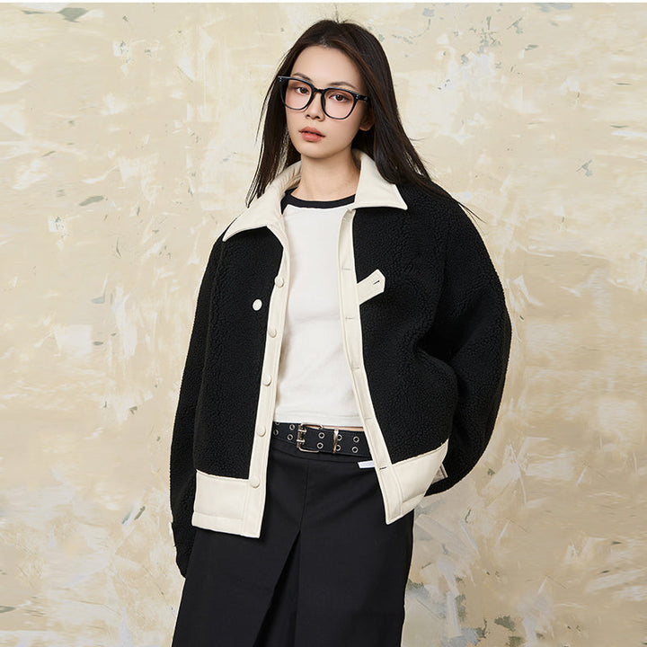 PU Leather Stitched Sherpa Jacket