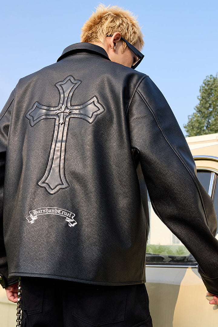 Metal Cross Logo Textured Leather Jacket