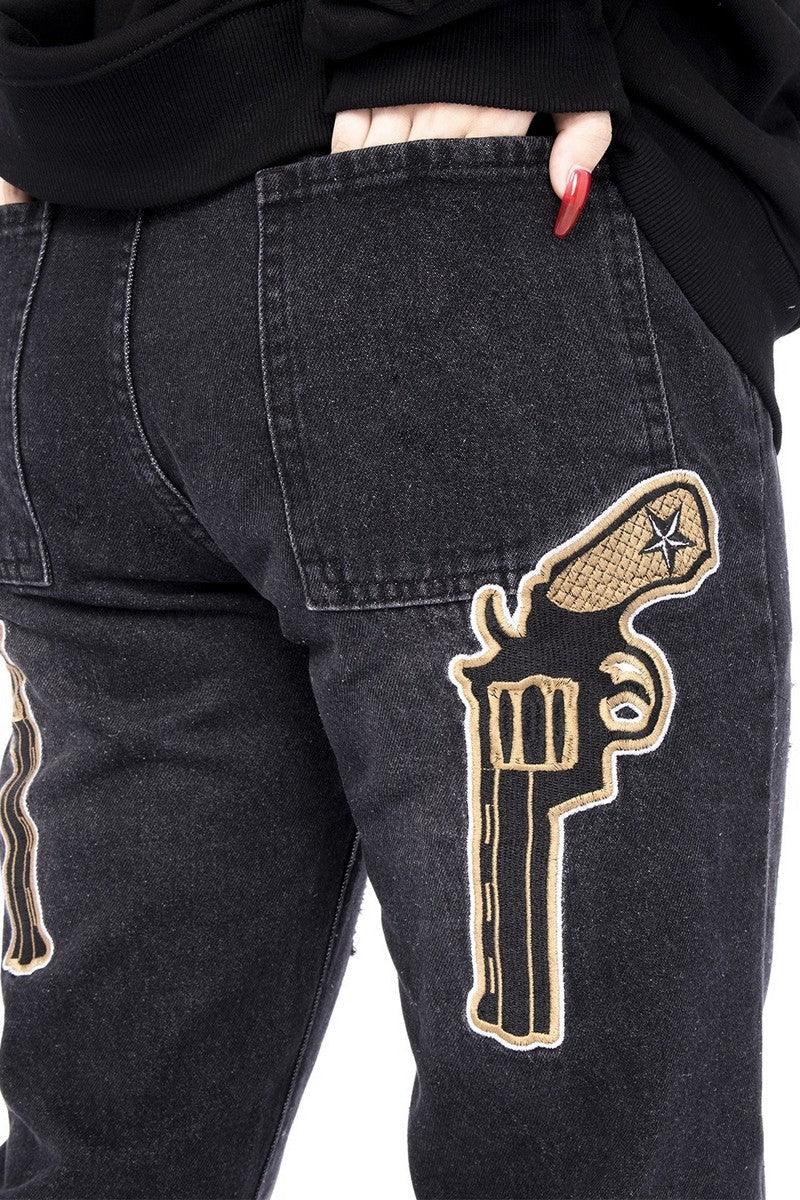 Guns Embroidered Washed Jeans