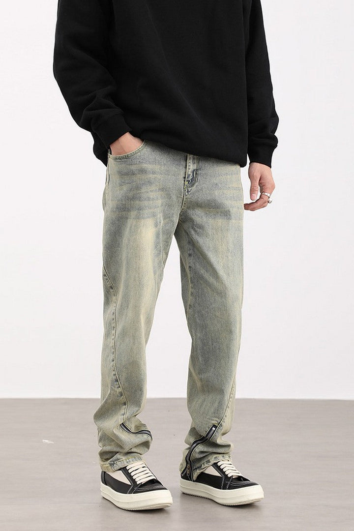 Zip Washed Loose Jeans