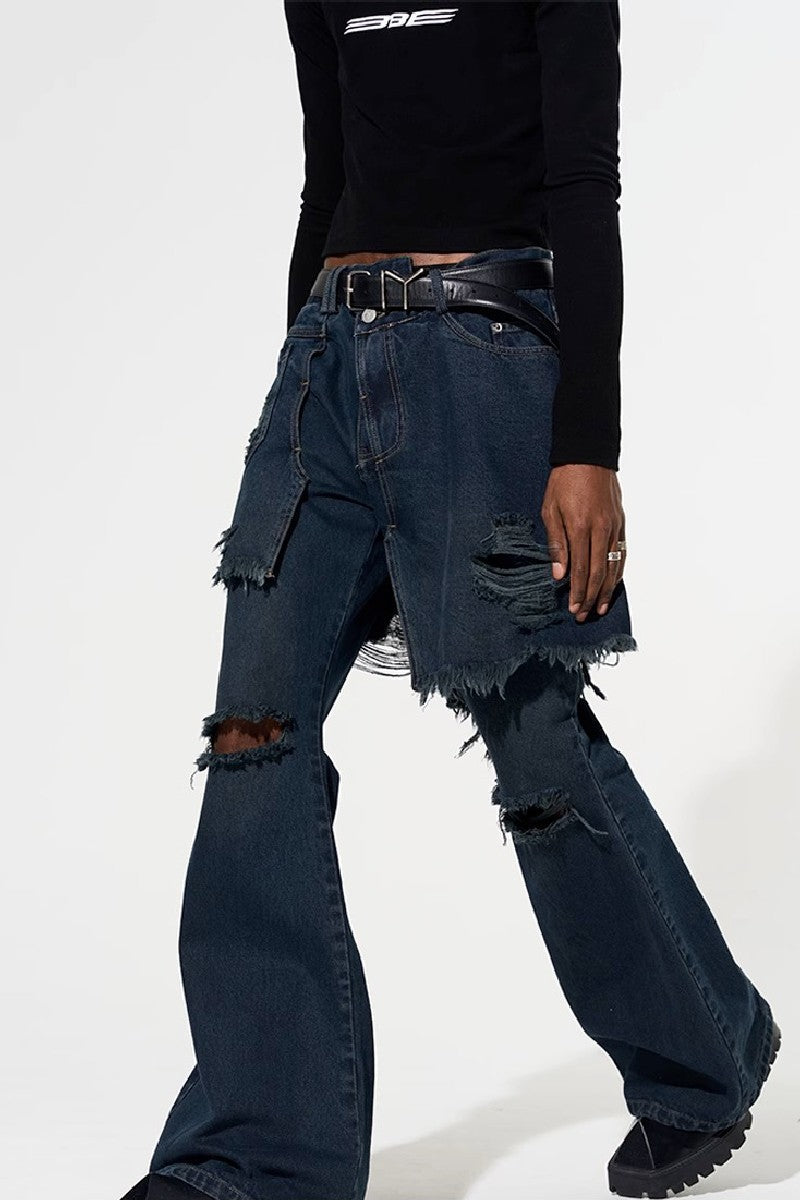 Two-Piece Distressed Flared Jeans