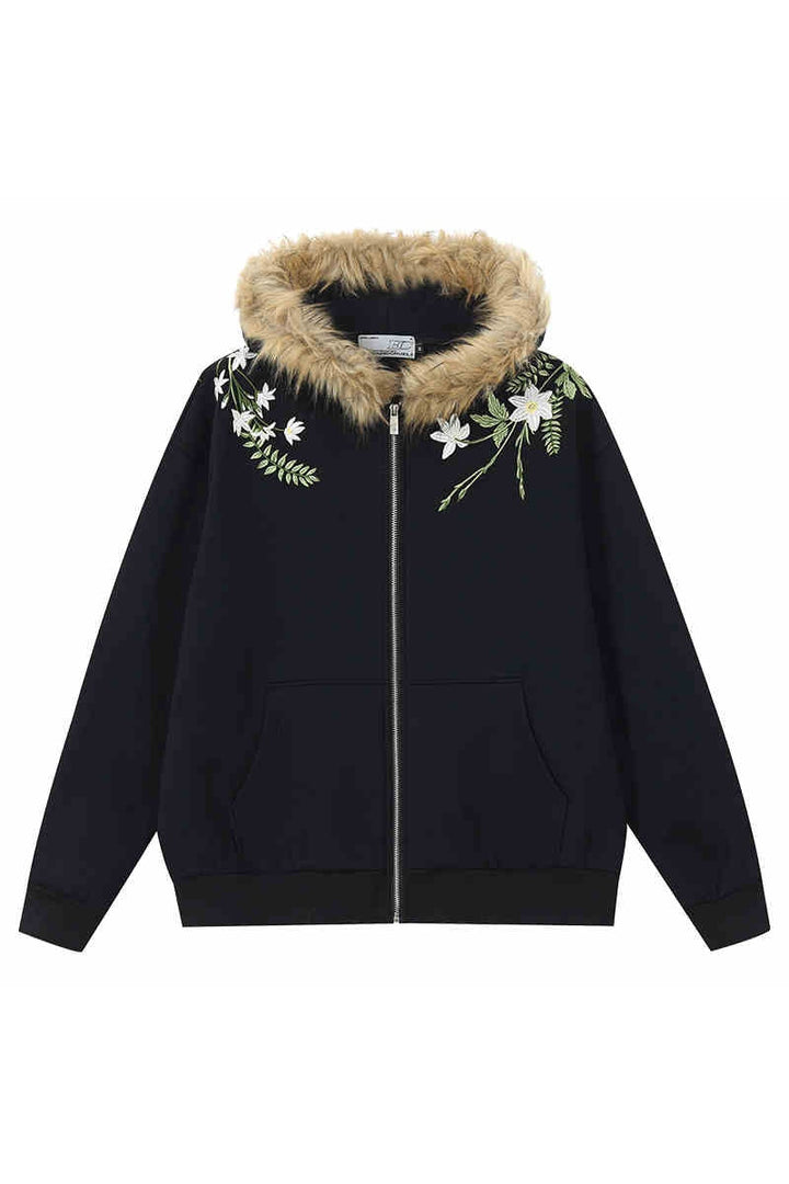 Floral Embroidery Fur Hooded Fleece Sweater