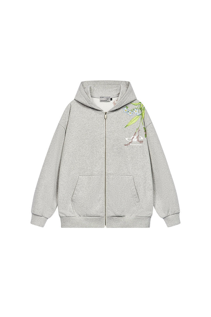 Floral Embroidery Logo Zip Up Hoodie