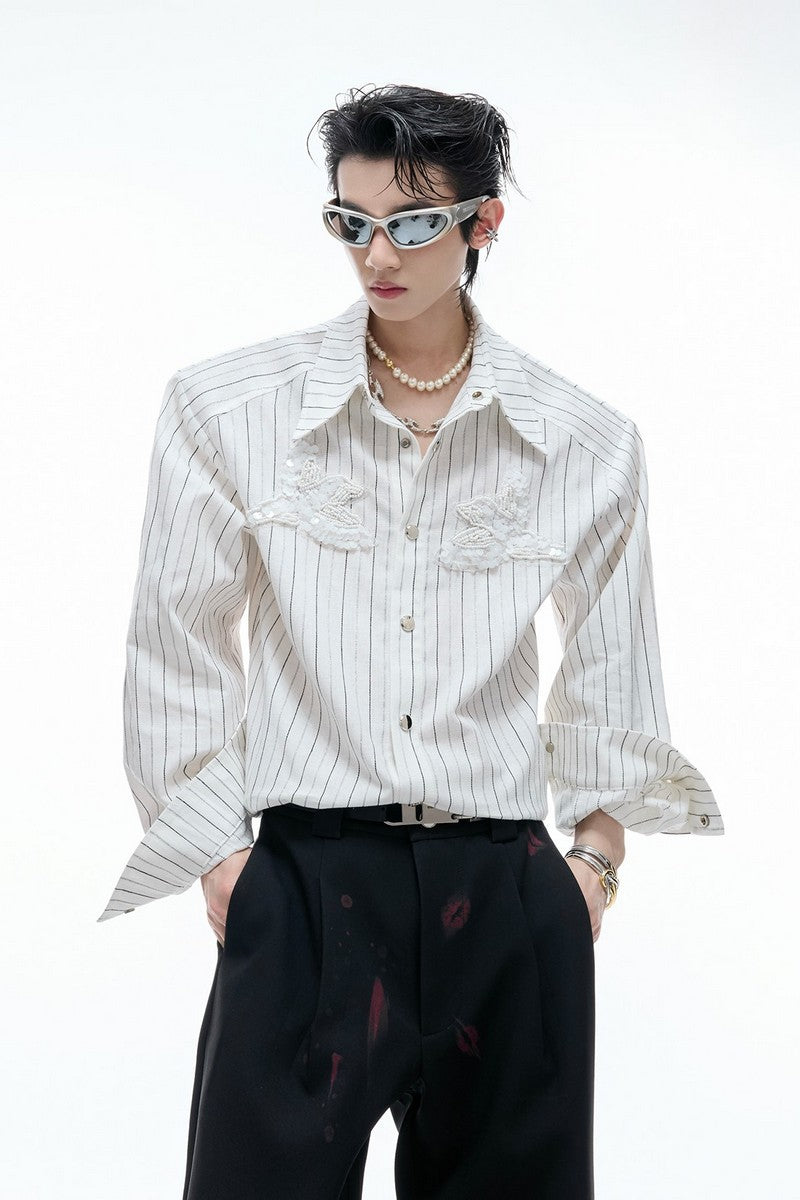 Striped Sequin Embroidered Linen Shirt