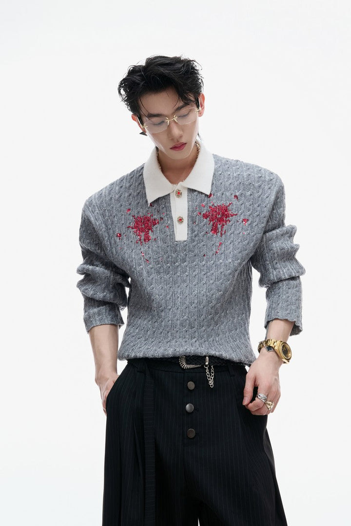 Sequin Collar Fitted Knit Sweater