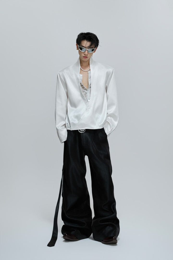 Lace V-Neck Layered Satin Blouse