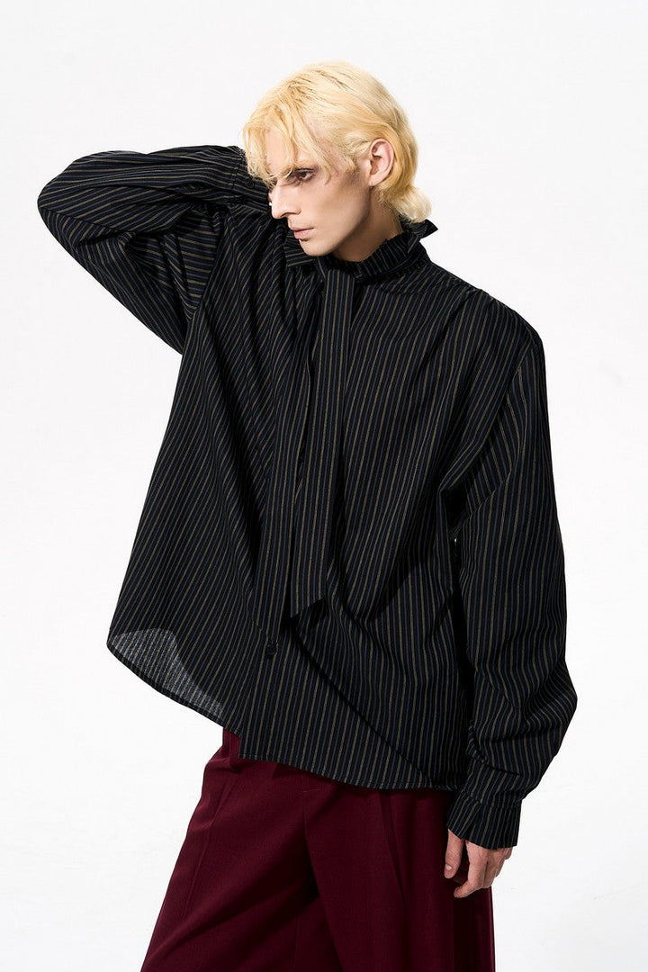Ruffle Collar Striped Cotton Shirt