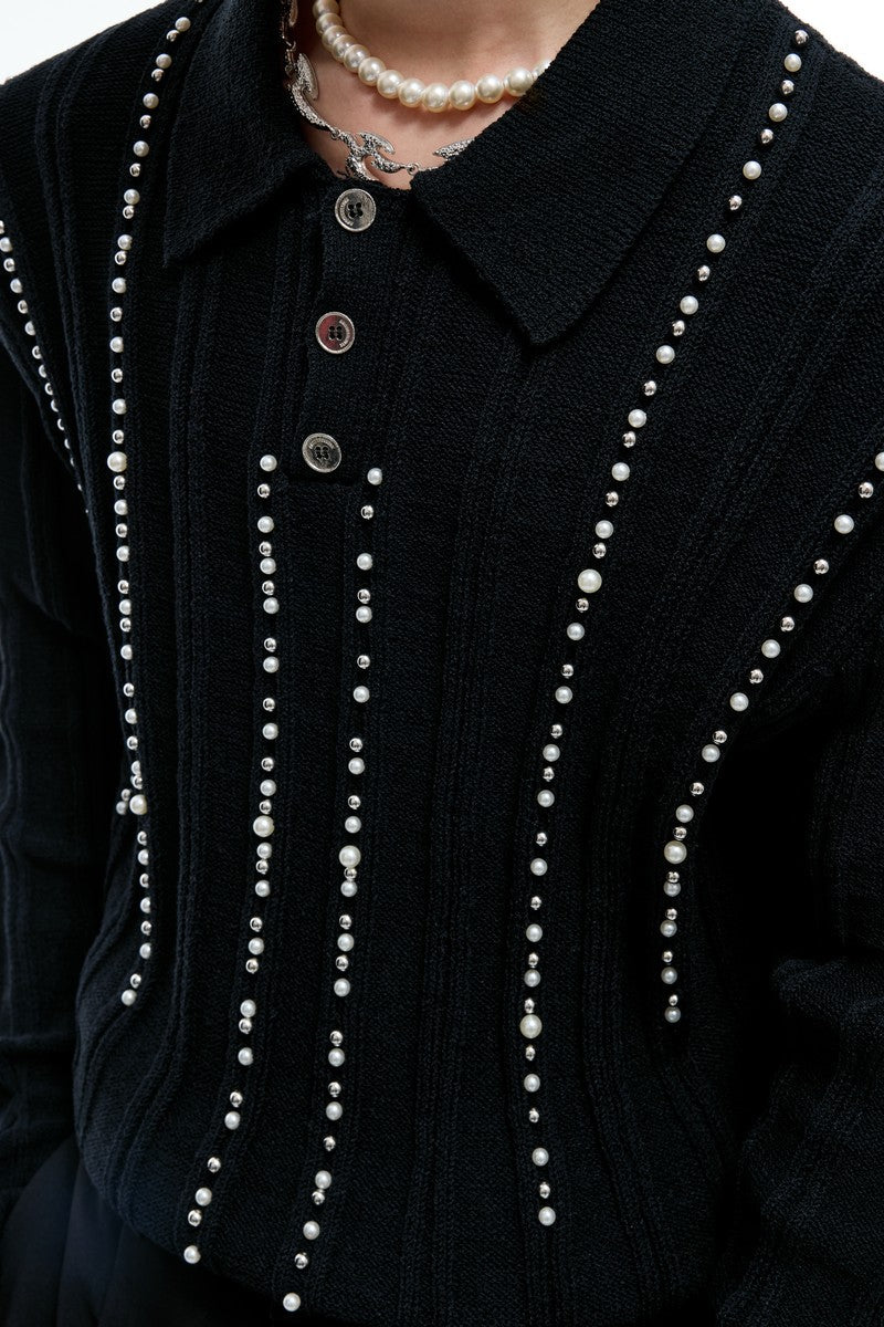 Pearl Detail Knit Polo Shirt