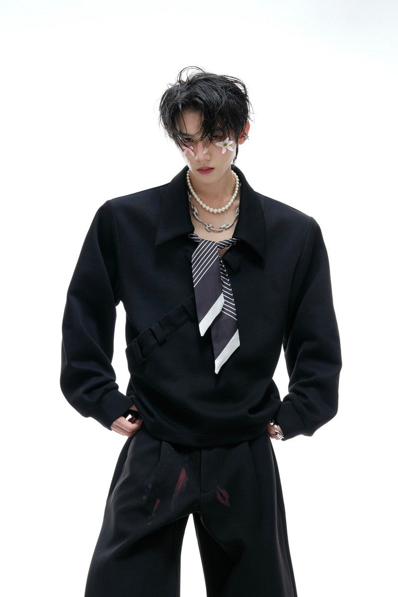 Striped Scarf V-Neck Polo Sweatshirt