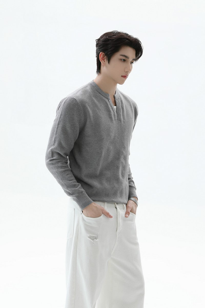 Textured V Neck Knit Sweater