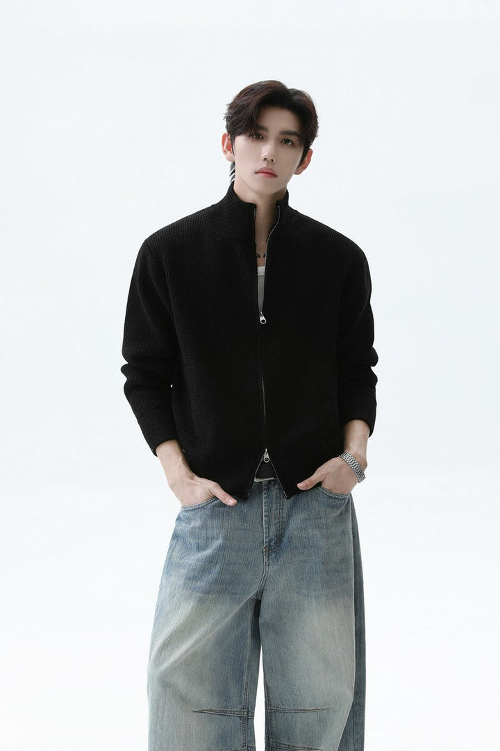Wool Zip Up Stand Collar Cardigan