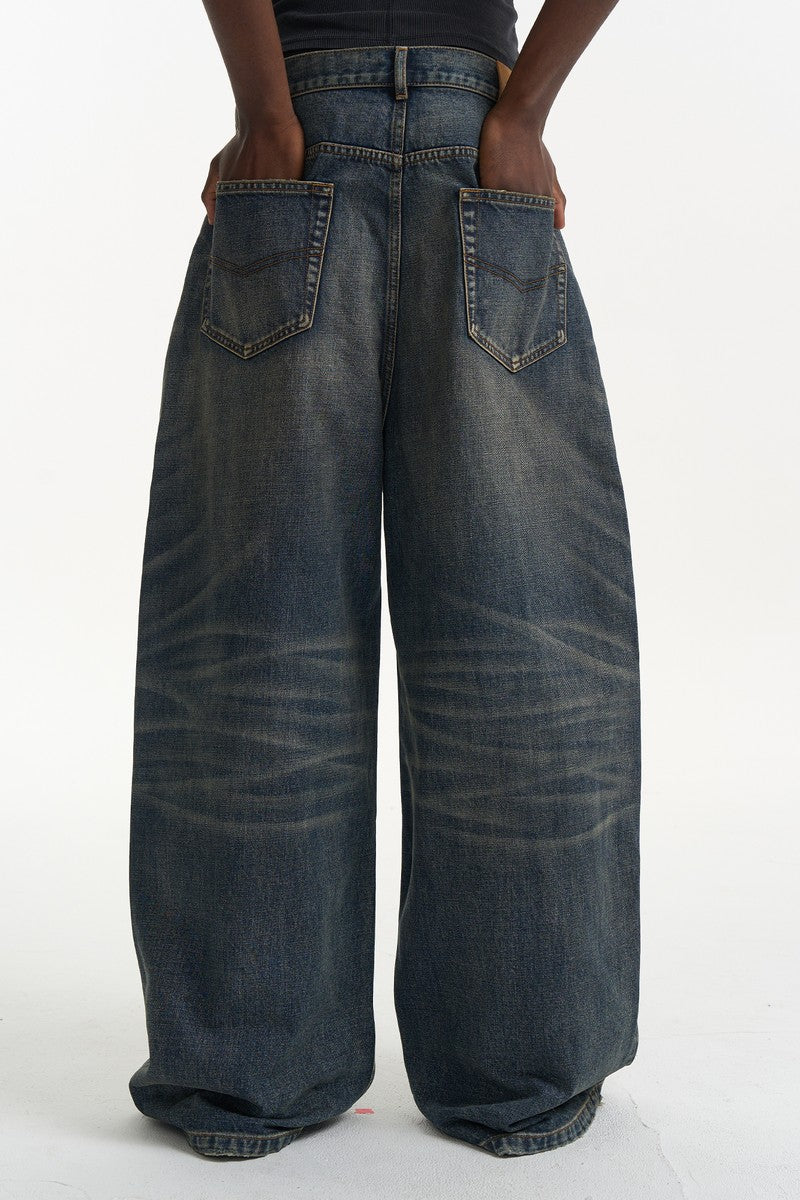 Pleated Washed Wide Leg Jeans