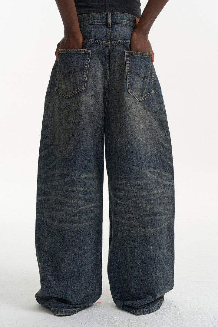 Pleated Washed Wide Leg Jeans
