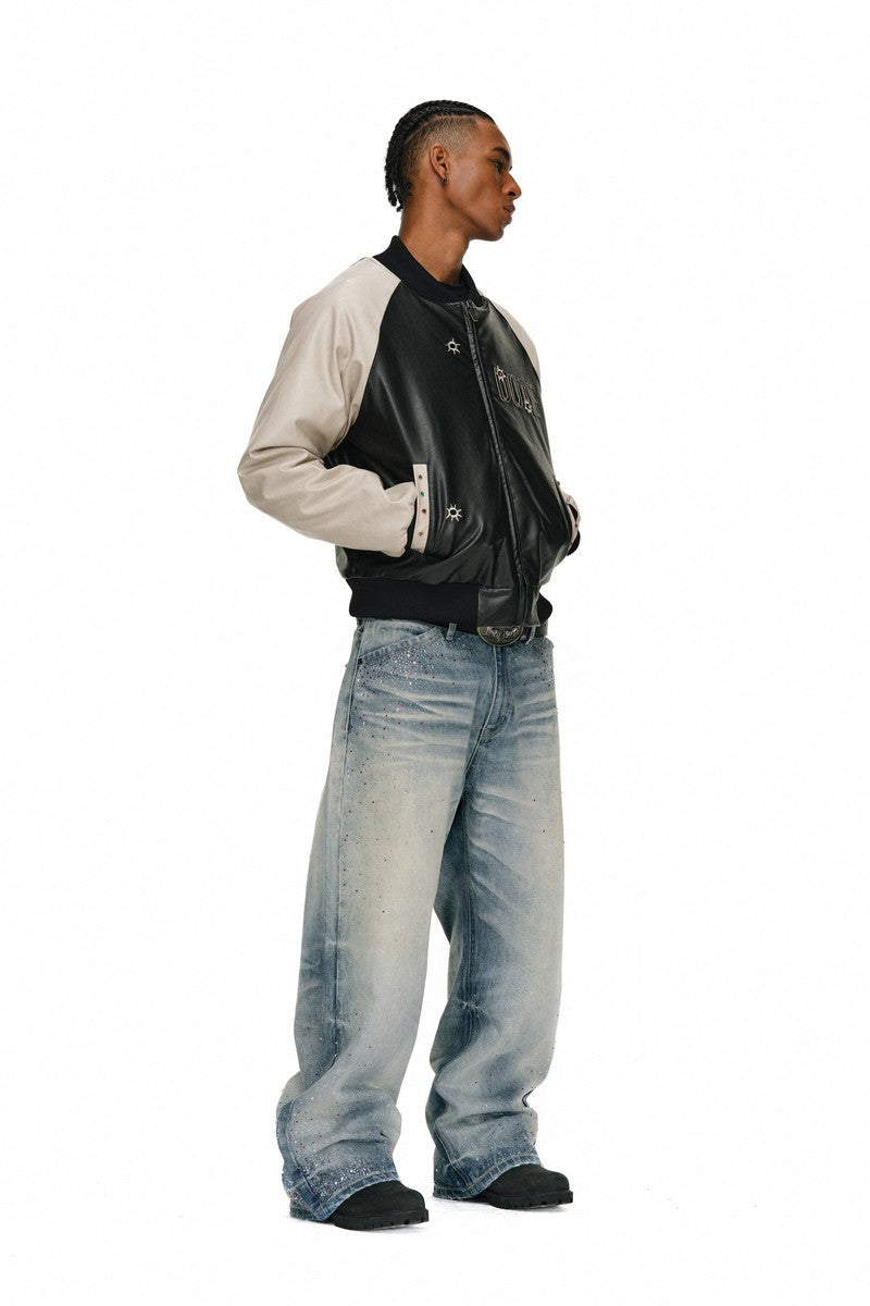 Washed Rhinestone Straight Jeans