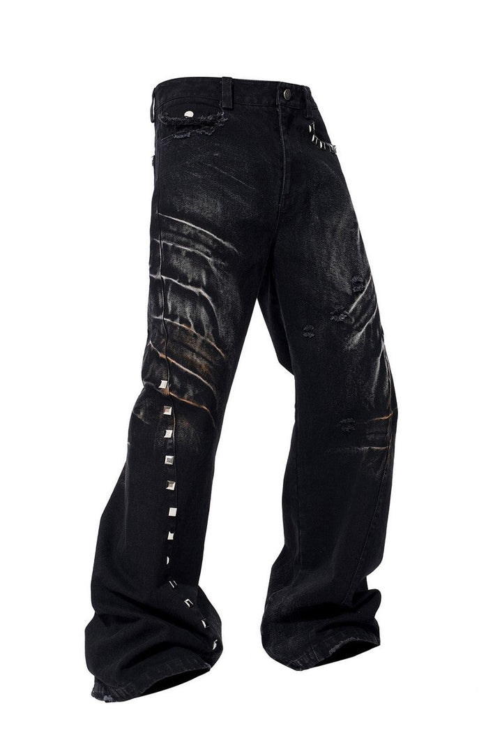 Washed Whisker Studded Wide Jeans