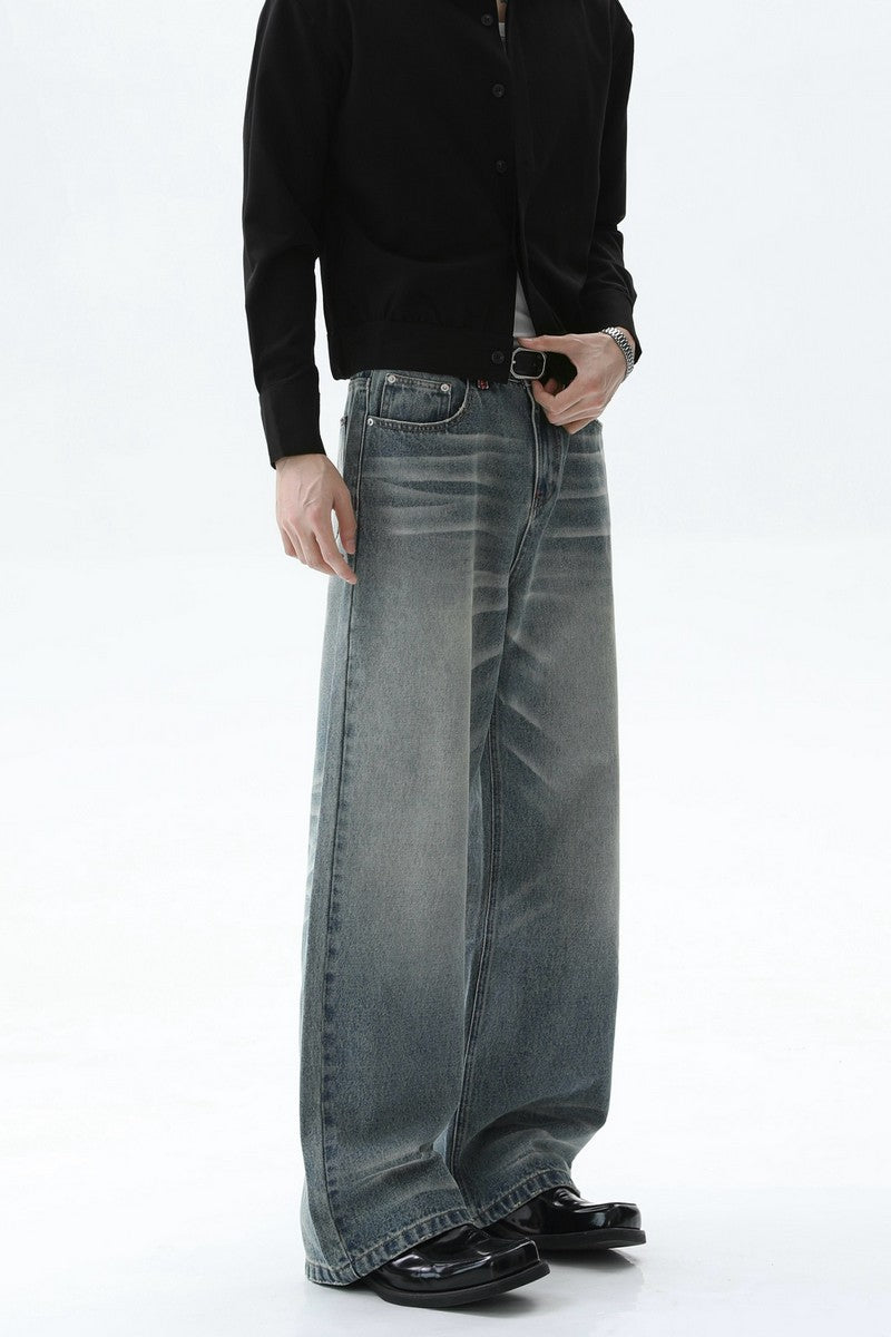 Faded Whisker Wash Wide Leg Jeans