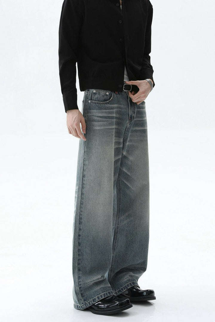 Faded Whisker Wash Wide Leg Jeans