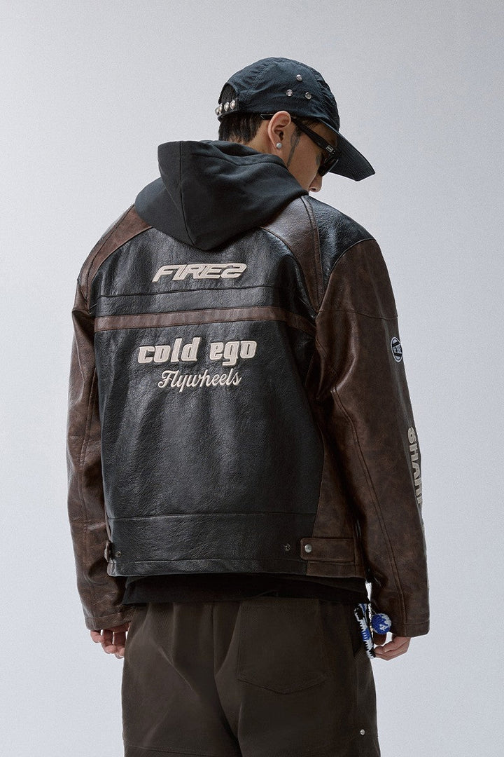 Embroidered Colorblock Moto Jacket