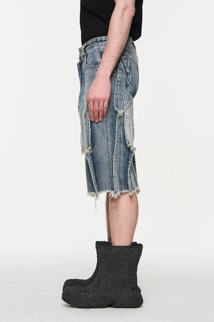 Distressed Crosshatch Washed Denim Shorts